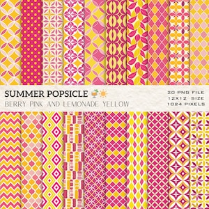 20 Berry Pink and Lemonade Yellow Seamless - High-Resolution Digital Papers - Commercial Use Scrapbooking & Crafting - Instant Download