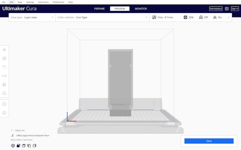 Peut inclure: Un mod&egrave;le 3D d'un objet rectangulaire est affich&eacute; dans un logiciel de mod&eacute;lisation 3D. L'objet est gris et est positionn&eacute; sur une plateforme avec un motif de grille. L'interface du logiciel comprend des boutons pour "Pr&eacute;parer", "Pr&eacute;visualiser", "Surveiller" et "Trancher".