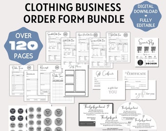 Paquete para pequeñas empresas, formularios para empresas de indumentaria, plantillas de Canva editables, formulario de pedido, tarjeta de instrucciones de lavado, factura, escaneo para pagar, recibo