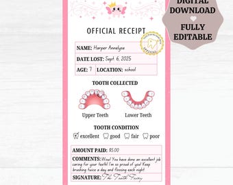 Receipt from Tooth Fairy, Printable Tooth Fairy Letter, Editable Tooth Fairy Note Canva Template, First Tooth Fairy Receipt Digital Download