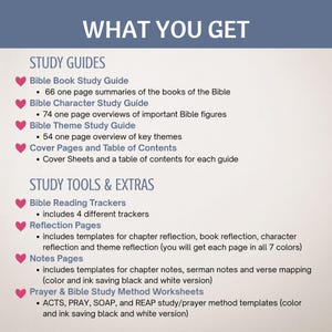 May include: A graphic with the title "WHAT YOU GET" lists study guides and study tools. Study guides include summaries, overviews, and cover pages. Study tools include reading trackers, reflection pages, notes pages, and worksheets.