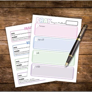 May include: A printable prayer method worksheet with the word "PRAY" in large letters at the top. The worksheet is divided into four sections, each with a different color and a letter: "P" for praise, "R" for repent, "A" for ask, and "Y" for yield. Each section has a space for writing.