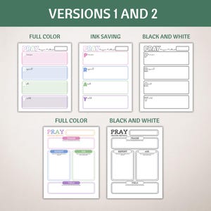 May include: Two versions of a printable prayer journal with the words "PRAY" in a colorful font. The first version has five sections labeled "Praise", "Repent", "Ask", "Yield", and "Praise". The second version has four sections labeled "Praise", "Repent", "Ask", and "Yield".
