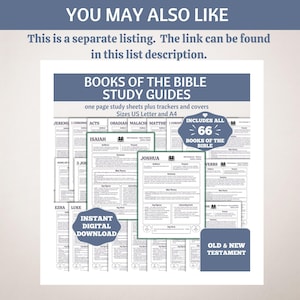 May include: A collection of study guides for the Books of the Bible. The guides include one-page study sheets, trackers, and covers. The guides are available in US Letter and A4 sizes. The image includes the text "BOOKS OF THE BIBLE STUDY GUIDES" and "INSTANT DIGITAL DOWNLOAD."