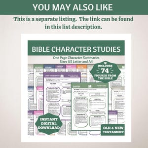May include: A digital download featuring Bible character studies. The design includes summaries for various figures, such as David and Joshua, with the text "Bible Character Studies" and "Instant Digital Download". Includes 74 figures from the Bible.