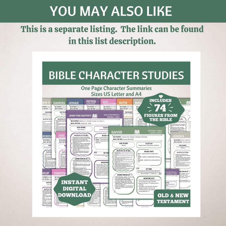 May include: A digital download featuring Bible character studies. The design includes summaries for various figures, such as David and Joshua, with the text "Bible Character Studies" and "Instant Digital Download". Includes 74 figures from the Bible.