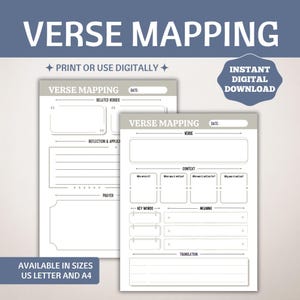 Könnte beinhalten: Zwei Seiten "Verse Mapping" Arbeitsblätter zum Ausdrucken. Die Seiten sind hellgrau mit schwarzem Text und enthalten Abschnitte für Vers, Kontext, Schlüsselwörter und Reflexion. Der Text "Print or Use Digitally" und "Instant Digital Download" sind ebenfalls sichtbar.