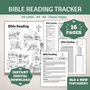Könnte beinhalten: Ein druckbarer Bibel-Lese-Tracker mit 16 Seiten. Der Tracker enthält verschiedene Layouts, um Ihren Leseprozess zu verfolgen, darunter ein Jahr in Pixeln, einen monatlichen Ziel-Tracker und eine Liste der Bücher des Alten und Neuen Testaments. Der Tracker soll Ihnen helfen, beim Bibellesen organisiert und motiviert zu bleiben.