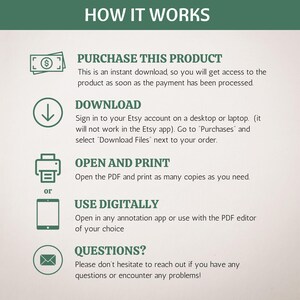 May include: A green and white graphic with the text "HOW IT WORKS" in black. The graphic explains how to purchase, download, open, and print a digital product. It also includes instructions for using the product digitally.
