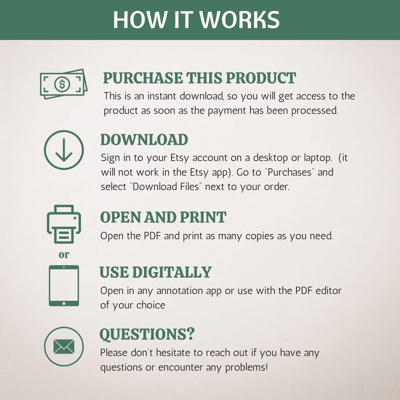 May include: A green and white graphic with the text "HOW IT WORKS" in black. The graphic explains how to purchase, download, open, and print a digital product. It also includes instructions for using the product digitally.