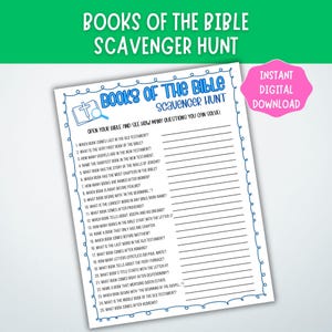 May include: A printable scavenger hunt titled "Books of the Bible Scavenger Hunt." The white paper has a blue border and includes questions about the Bible. The words "Instant Digital Download" are in a pink bubble.