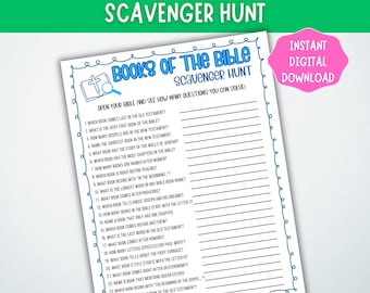 Books of the Bible Scavenger Hunt Game, Bible Game for Teens & Kids, Bible Trivia, Printable Sunday School Game, Youth Group Game, Quiz Game
