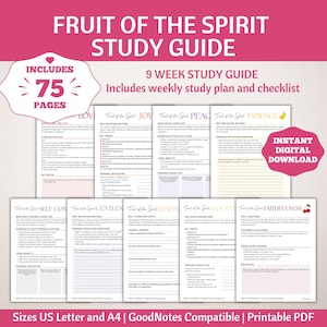 Peut inclure: Un guide d'étude numérique intitulé "Fruit de l'Esprit" avec 75 pages. Le guide comprend un plan d'étude et une liste de contrôle sur 9 semaines. Le design est rose et blanc, avec le texte "Téléchargement numérique instantané".
