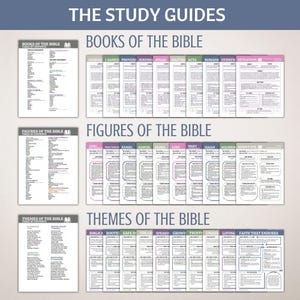 May include: A collection of study guides titled "The Study Guides" with the headings "Books of the Bible", "Figures of the Bible", and "Themes of the Bible". Each section contains multiple booklets with text.