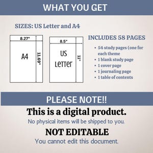 May include: Digital product details with sizes US Letter (8.5" x 11") and A4 (8.27" x 11.69"). Includes 58 pages: 54 study pages, 1 blank study page, 1 cover page, 1 journaling page, and 1 table of contents. The product is not editable.