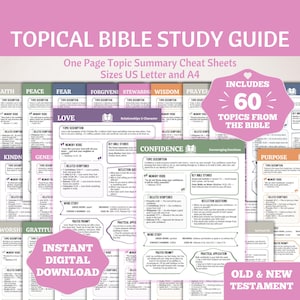 May include: A pink and white Topical Bible Study Guide with the text "Topical Bible Study Guide" and "Instant Digital Download." Includes 60 topics from the Bible. Available in US Letter and A4 sizes.