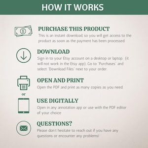 May include: A green and white graphic with the text "HOW IT WORKS" in large, bold letters. The graphic explains how to purchase, download, open, and print a digital product. It also includes instructions for using the product digitally.