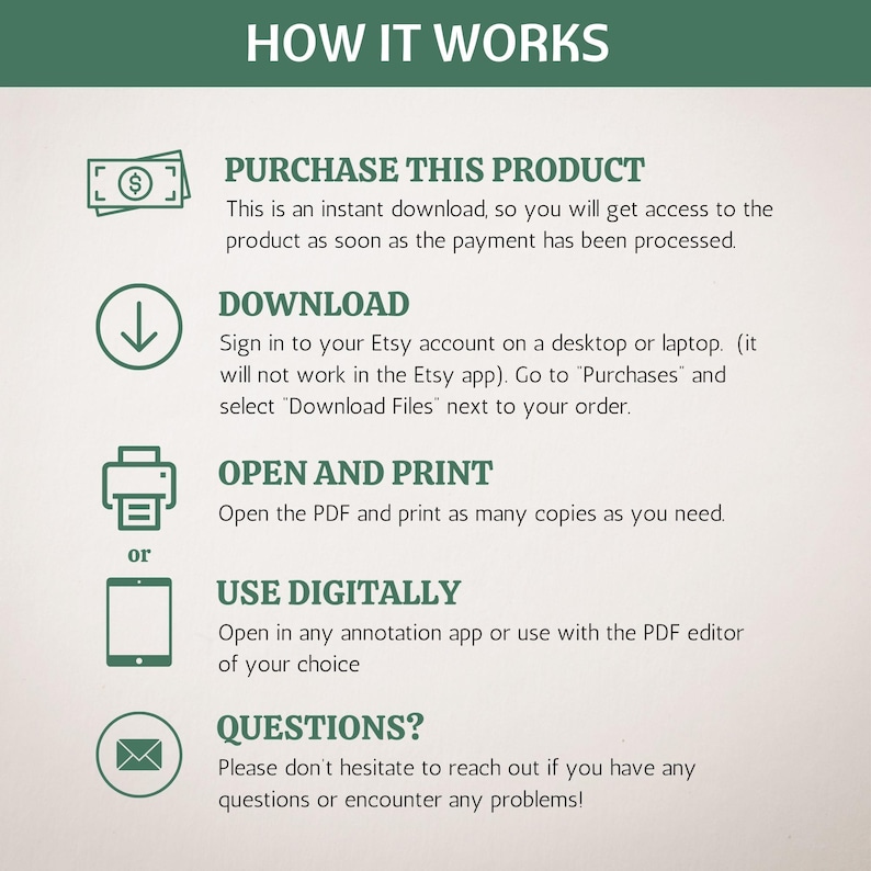 May include: A green and white graphic with the text "HOW IT WORKS" in large, bold letters. The graphic explains how to purchase, download, open, and print a digital product. It also includes instructions for using the product digitally.