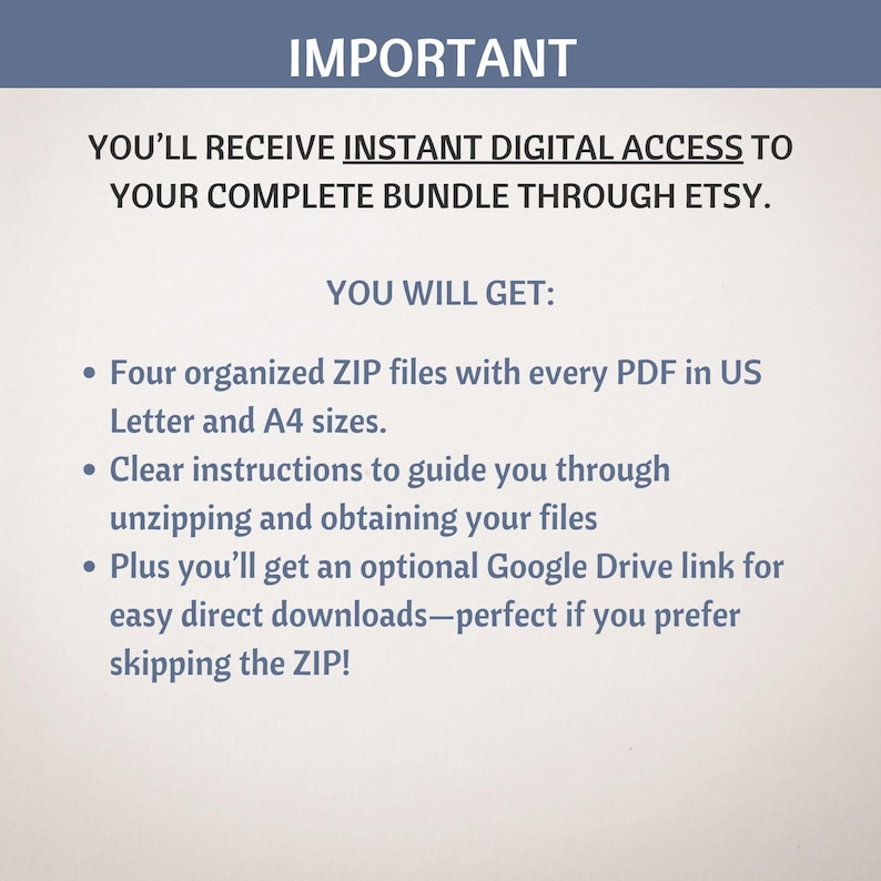 May include: A digital product information graphic with a blue header that reads "IMPORTANT." The text below states, "YOU'LL RECEIVE INSTANT DIGITAL ACCESS TO YOUR COMPLETE BUNDLE THROUGH ETSY." Bullet points detail what the buyer will receive, including ZIP files and instructions.