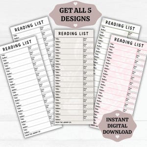 Puede incluir: Cinco diseños de lista de lectura imprimibles con fondo blanco y diferentes patrones. Cada diseño tiene un título que dice "Lista de lectura" e incluye espacios para escribir el título, el autor, la fecha de inicio y la fecha de finalización de los libros. El texto "Obtener todos los 5 diseños" está en la parte superior de la imagen. El texto "Descarga digital instantánea" está en la parte inferior de la imagen.