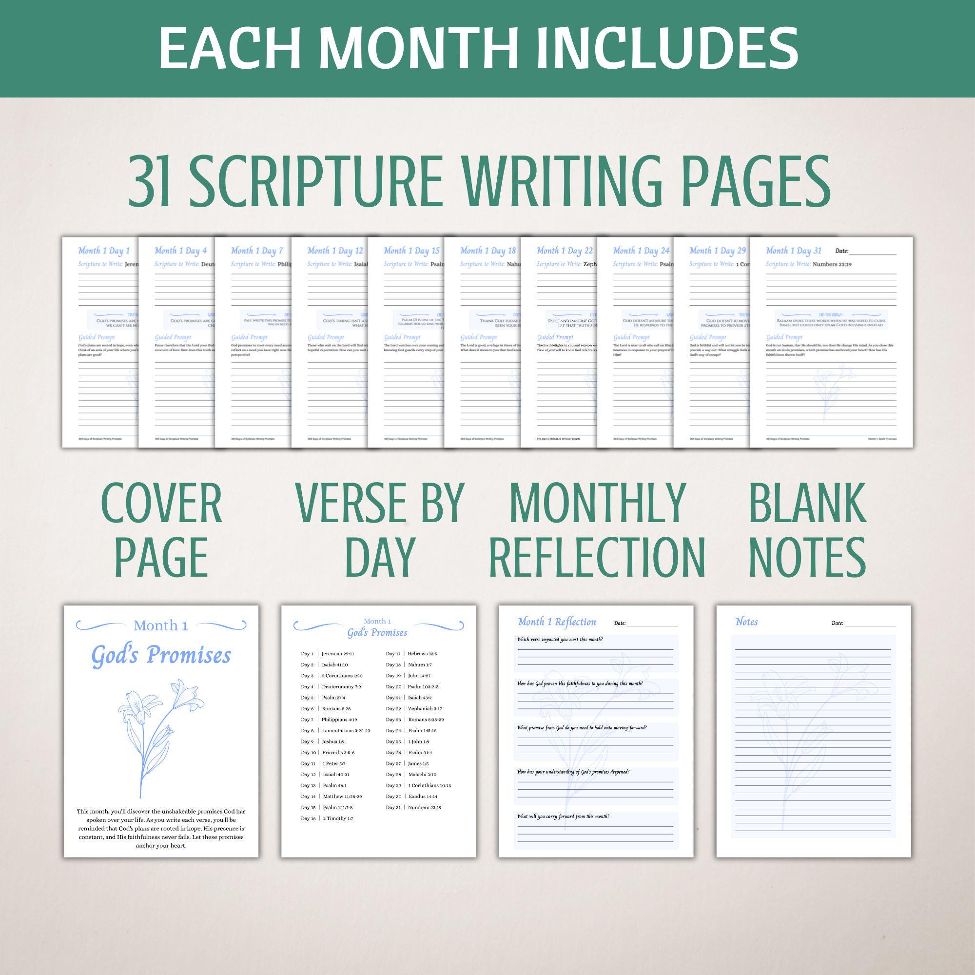Daily Scripture Writing Journal, A Year of Bible Verses, Printable 365 ...