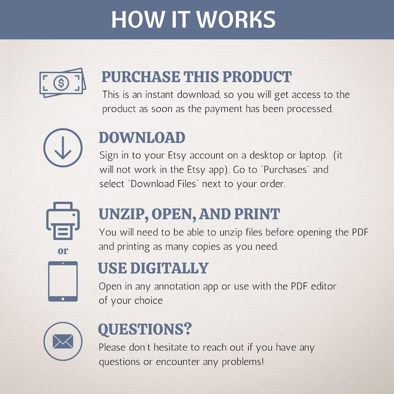 May include: A light blue graphic with the text "HOW IT WORKS" at the top. The graphic explains the steps to purchase, download, unzip, open, and print a digital product. It also includes instructions on how to use the product digitally.