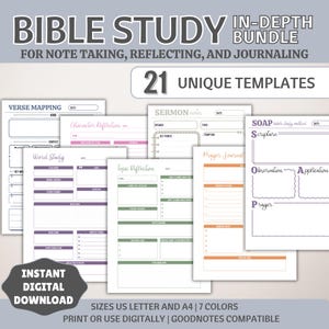 Op de afbeelding: Een verzameling afdrukbare Bijbelstudie-sjablonen met verschillende lay-outs voor notities, reflectie en journaling. De sjablonen omvatten versmapping, woordstudie, preeknotities en gebedsdagboeken. De tekst op de afbeelding luidt "Bible Study In-Depth Bundle".