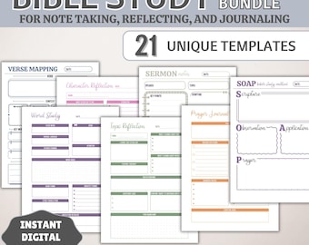 May include: A collection of printable Bible study templates with various layouts for note-taking, reflection, and journaling. The templates include verse mapping, word study, sermon notes, and prayer journals. The text on the image says "Bible Study In-Depth Bundle" and "Instant Digital Download."
