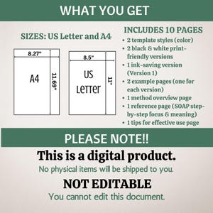 May include: A digital product for creating SOAP notes. The image shows the two available sizes: US Letter and A4, and lists the 10 pages included in the product. The text "This is a digital product. No physical items will be shipped to you. NOT EDITABLE. You cannot edit this document." is also included.