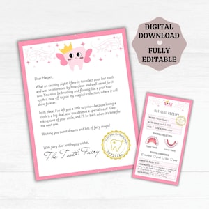 Lettera e ricevuta della Fatina dei denti, lettera stampabile della Fatina dei denti, modello di nota modificabile della Fatina dei denti Canva, prima ricevuta della Fatina dei denti, digitale