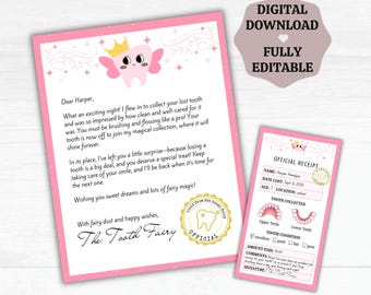 Tooth Fairy Letter and Receipt, Printable Tooth Fairy Letter, Editable Tooth Fairy Note Canva Template, First Tooth Fairy Receipt, Digital