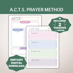 May include: A printable prayer journal with two versions, one with the acronym ACTS and the other with the full words: Adoration, Confession, Thanksgiving, Supplication. The journal is designed to help people pray more effectively.