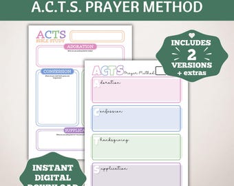 May include: A printable prayer journal with two versions, one with the acronym ACTS and the other with the full words: Adoration, Confession, Thanksgiving, Supplication. The journal is designed to help people pray more effectively.