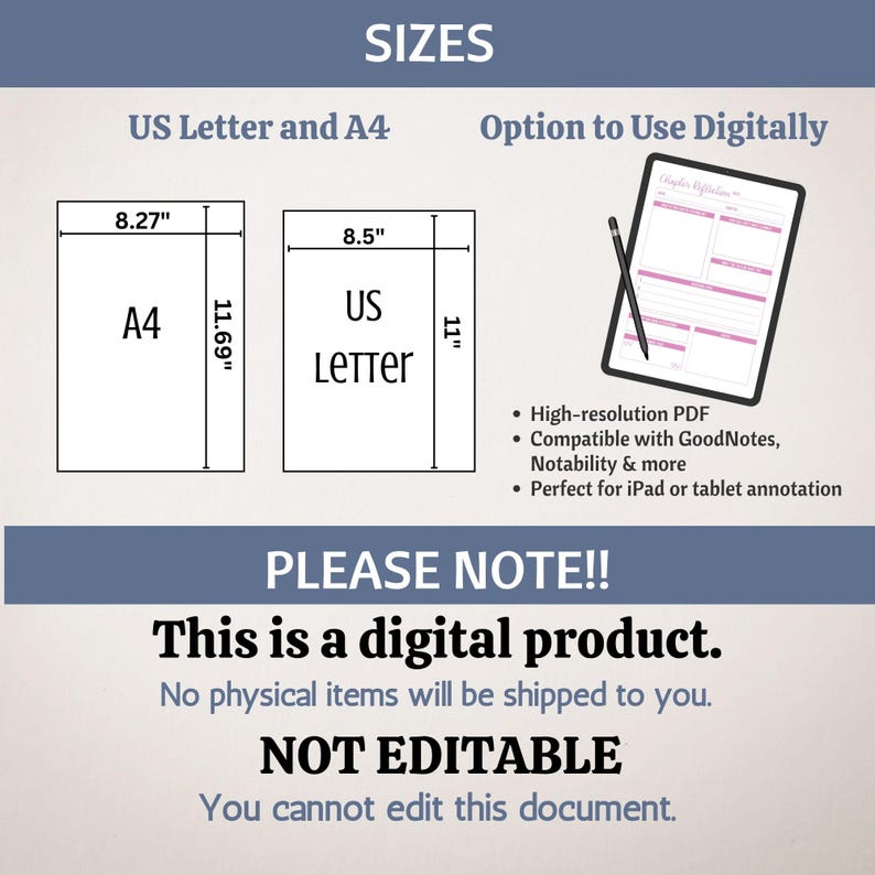 May include: Image showing size comparisons for digital documents: US Letter (8.5" x 11") and A4 (8.27" x 11.69"). Also shown is a tablet with a digital document. Text includes "This is a digital product. NOT EDITABLE."