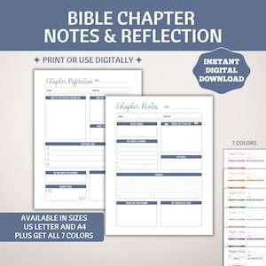 May include: Digital download of Bible study notes and reflection pages. The pages are white with blue accents and include sections for chapter reflection, notes, and key points. The image text says "Bible Chapter Notes & Reflection" and "Instant Digital Download."