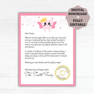 Carta del Hada de los Dientes, Carta del Hada de los Dientes Imprimible, Plantilla de Canva Editable para Notas del Hada de los Dientes, Recibo del Primer Hada de los Dientes, Descarga Digital