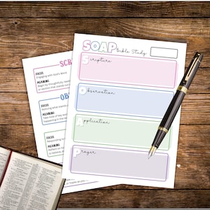 May include: A printable SOAP Bible study worksheet with sections for Scripture, Observation, Application, and Prayer. The worksheet is designed to help people study the Bible in a more in-depth way.