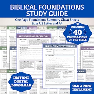 May include: A collection of study guides titled "Biblical Foundations Study Guide." The guides include summaries, cheat sheets, and cover topics like the Seven Days of Creation and Jesus' "I AM" statements. The guides are available in US Letter and A4 sizes.