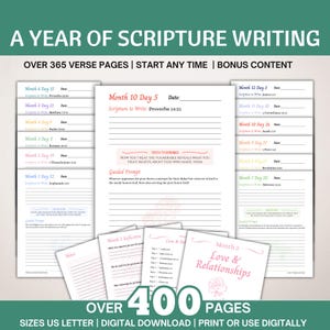 Puede incluir: Un diario digital para escribir las Escrituras, con más de 400 páginas. Incluye indicaciones, páginas de versículos y contenido extra. La portada muestra el texto "A Year of Scripture Writing".