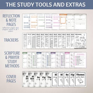 May include: A collection of printable study tools and extras, including reflection and note pages, trackers, scripture and prayer study methods, and cover pages. The pages are in various colors and feature text and illustrations for Bible study.