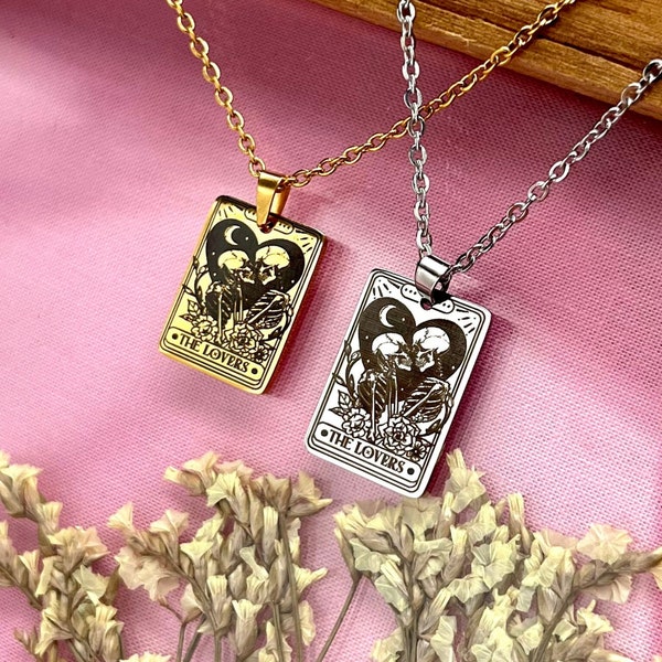 Personalized The Lovers Tarot Card Necklace  - Custom Gothic Necklace  - Custom Skeleton Necklace for Woman - Christmas Gift