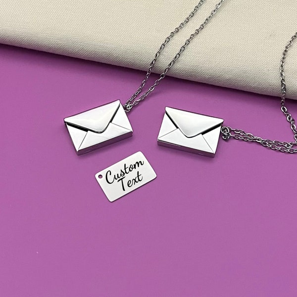 Personalized Silver Envelope Locket Necklace - Custom Message Pendant - Stainless Steel Necklaces