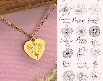 Personalized Meaningful Combined Birth Flower Bouquet Necklace | Birth Flowers Heart Necklace | Custom Gift for Mother | WATERPROOF