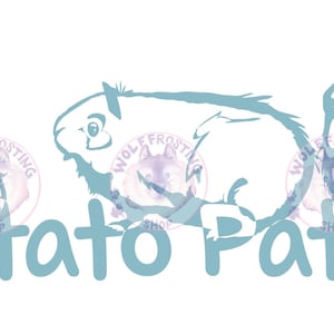 Puede incluir: Gráfico azul claro con tres cobayas y el texto "Potato Patch" en una fuente azul claro a juego. Las cobayas están en diferentes poses, sobre un fondo blanco.