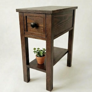 May include: A dark brown wooden side table featuring a rectangular top, a single drawer with a small black round knob, and a lower shelf. A small green potted plant sits on the lower shelf of this four-legged piece of furniture.
