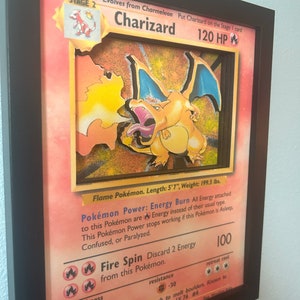 May include: A vintage Pokemon trading card featuring Charizard, a fire-type Pokemon. The card is in excellent condition and shows Charizard in a fiery pose with its wings spread. The card is from the 1st Edition set and has a holographic finish. The card's text reads "Stage 2 Evolves from Charmeleon Put Charizard on the Stage I card Charizard 120 HP Flame Pokemon. Length: 5'7", Weight: 199.5 lbs. Pokemon Power: Energy Burn All Energy attached to this Pokemon are Energy instead of their usual type. This Pokemon Power stops working if this Pokemon is Asleep, Confused, or Paralyzed. Fire Spin Discard 2 Energy from this Pokemon. Weakness x2 Resistance -30 Retreat Cost *** Spits fire that is hot enough to melt boulders. Known to unintentionally cause forest fires. LV. 76 #6 003/034"