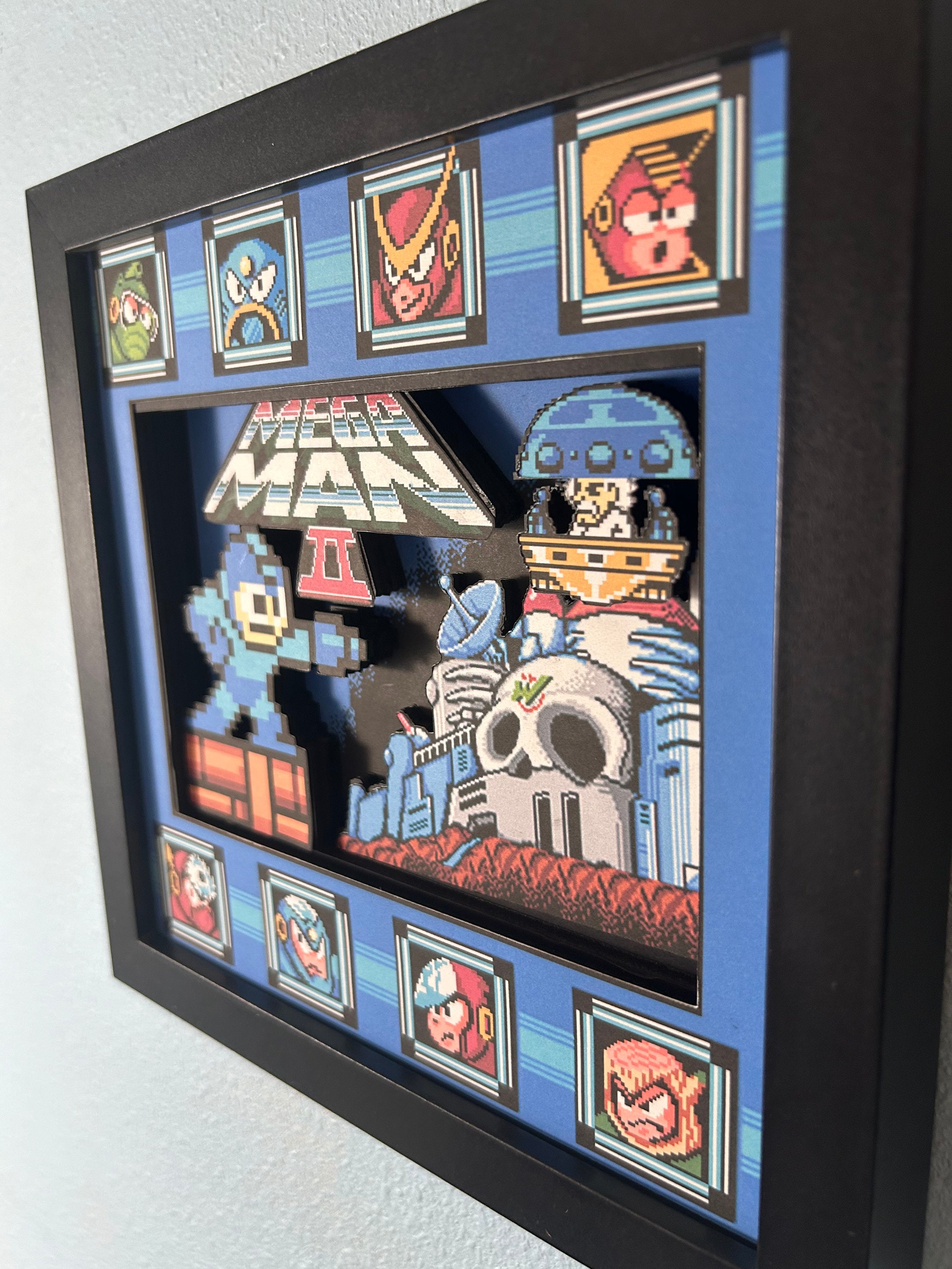 Mega Man 2 Collage 3D Shadow Box, 8x8, Handmade Game Art Featuring Dr. Wily and Robot Masters