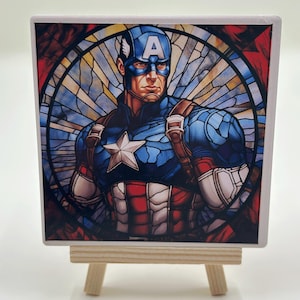 Stained Glass Superhero Coaster Set: Ceramic Art with Easels