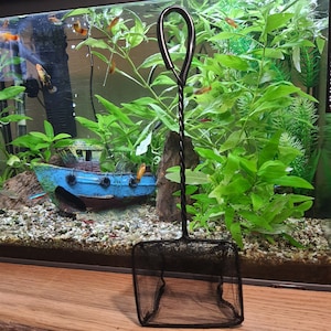 May include: A black aquarium net with a square net and a twisted handle. The net is positioned in front of a fish tank filled with green plants, small fish, and a blue and turquoise decorative boat.