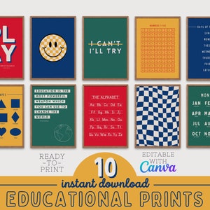 Conjunto de pôsteres educacionais | 10 impressões | Decoração de sala de aula | Decoração escolar em casa | Arte de parede para impressão | Pôsteres Coloridos | Cartazes Decorativos